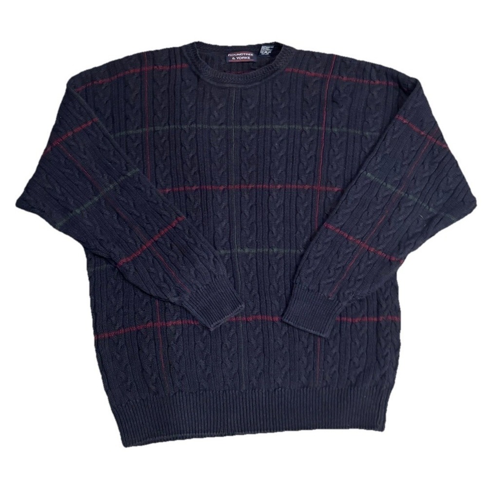 Roundtree & Yorke Sweater Men M Medium Blue Cable Knit Crew Neck Pullover Jumper